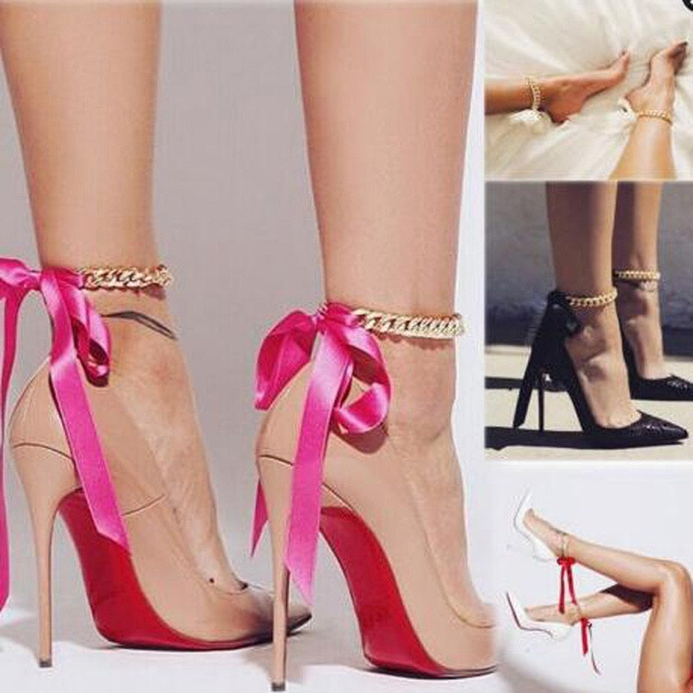 1pc Punk Style Thick Chain Long Ribbons Beach Ankle Bracelet High Heel Shoes Anklet Sexy Girls Club Party Foot Jewelry 4 Colors