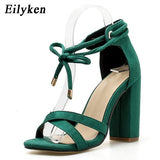 Eilyken Women Sandals Summer Lace-Up Fashion High Heels Peep Toe Shoes Female Square Heel Ladies Sandals Green, Black Size 35-40