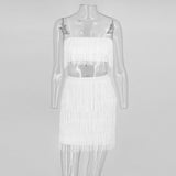 Tobinoone Women sexy club tassel short crop top women tops skirt summer 2 piece set for female women two pieces set skirts white