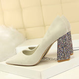2019 Female 8cm High Glitter Heels Block Pumps Ladies Sexy Chunky Tacones Heels Woman Scarpin Elegant Party Wedding Yellow Shoes