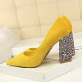 2019 Female 8cm High Glitter Heels Block Pumps Ladies Sexy Chunky Tacones Heels Woman Scarpin Elegant Party Wedding Yellow Shoes