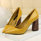 2019 Female 8cm High Glitter Heels Block Pumps Ladies Sexy Chunky Tacones Heels Woman Scarpin Elegant Party Wedding Yellow Shoes