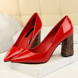 2019 Female 8cm High Glitter Heels Block Pumps Ladies Sexy Chunky Tacones Heels Woman Scarpin Elegant Party Wedding Yellow Shoes