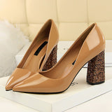 2019 Female 8cm High Glitter Heels Block Pumps Ladies Sexy Chunky Tacones Heels Woman Scarpin Elegant Party Wedding Yellow Shoes