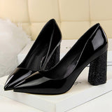 2019 Female 8cm High Glitter Heels Block Pumps Ladies Sexy Chunky Tacones Heels Woman Scarpin Elegant Party Wedding Yellow Shoes