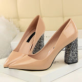 2019 Female 8cm High Glitter Heels Block Pumps Ladies Sexy Chunky Tacones Heels Woman Scarpin Elegant Party Wedding Yellow Shoes