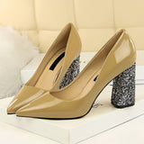 2019 Female 8cm High Glitter Heels Block Pumps Ladies Sexy Chunky Tacones Heels Woman Scarpin Elegant Party Wedding Yellow Shoes