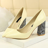 2019 Female 8cm High Glitter Heels Block Pumps Ladies Sexy Chunky Tacones Heels Woman Scarpin Elegant Party Wedding Yellow Shoes