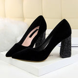 2019 Female 8cm High Glitter Heels Block Pumps Ladies Sexy Chunky Tacones Heels Woman Scarpin Elegant Party Wedding Yellow Shoes