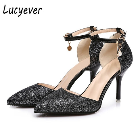 Fashion Buckle Crystal Bling Pumps Women Elegant Thin High Heels Point toe Party Wedding Shoes Woman Sexy Bridal Pumps Stiletto