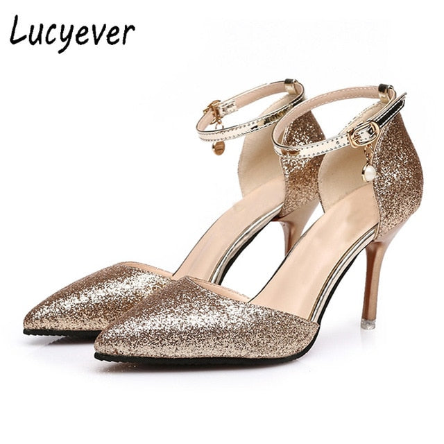 Fashion Buckle Crystal Bling Pumps Women Elegant Thin High Heels Point toe Party Wedding Shoes Woman Sexy Bridal Pumps Stiletto