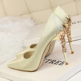 Elegant Metal Carved Heels Women Pumps 2019 High Quality Fashion Sexy Silk High Heels 13 Color 10cm Shoes Woman Wedding Shoes
