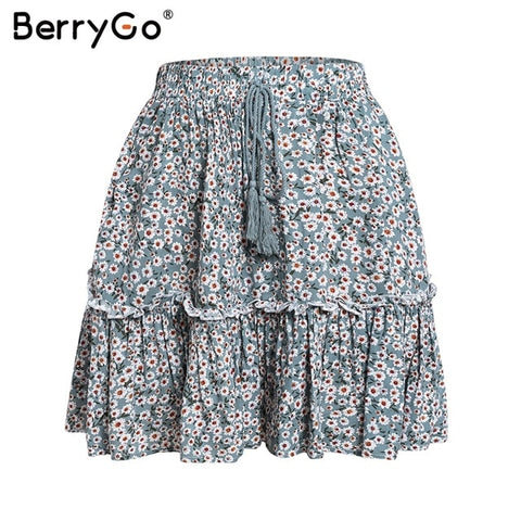 BerryGo print mini women skirts High waist polka dot tassel green A line summer skirt Sexy ruffle beach female tutu skirts 2019