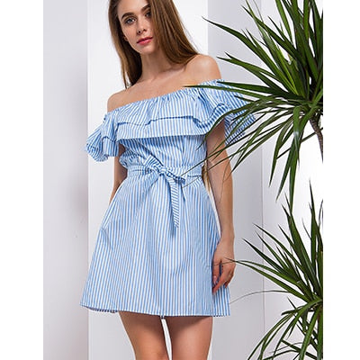 Sexy Slash Neck Mini Short Dress Sleevelee Slim Slash Mini Party Dresses Vestidos Women Solid Fashion Striped Straight Dresses