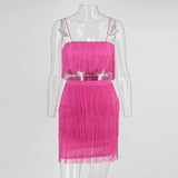 Tobinoone Women sexy club tassel short crop top women tops skirt summer 2 piece set for female women two pieces set skirts white