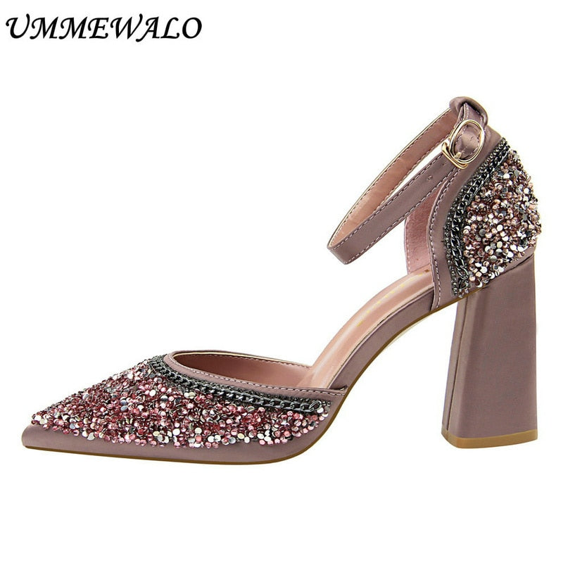 UMMEWALO Ankle Strap High Heel Shoes Women Chain Design Sexy Pointed Toe Sandals Woman Square Heel High Shoes Ladies Shoes