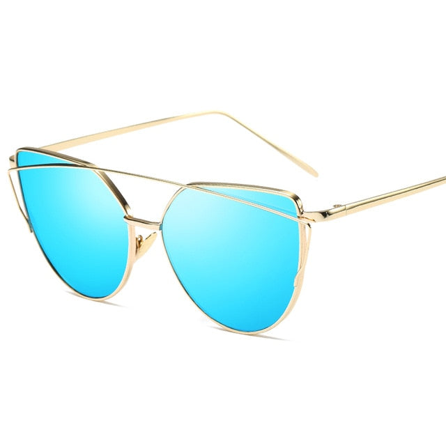 2019 Cat Eye Vintage Brand Designer Rose Gold Mirror Sunglasses For Women Metal Reflective flat lens Sun Glasses Female oculos