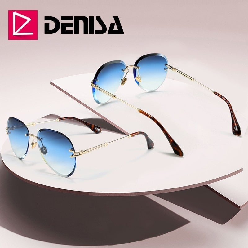 DENISA Fashion Blue Red Aviation Sunglasses Women Men Shades UV400 Sun Glasses Luxury Rimless Glasses For Zonnebril Dames G18475