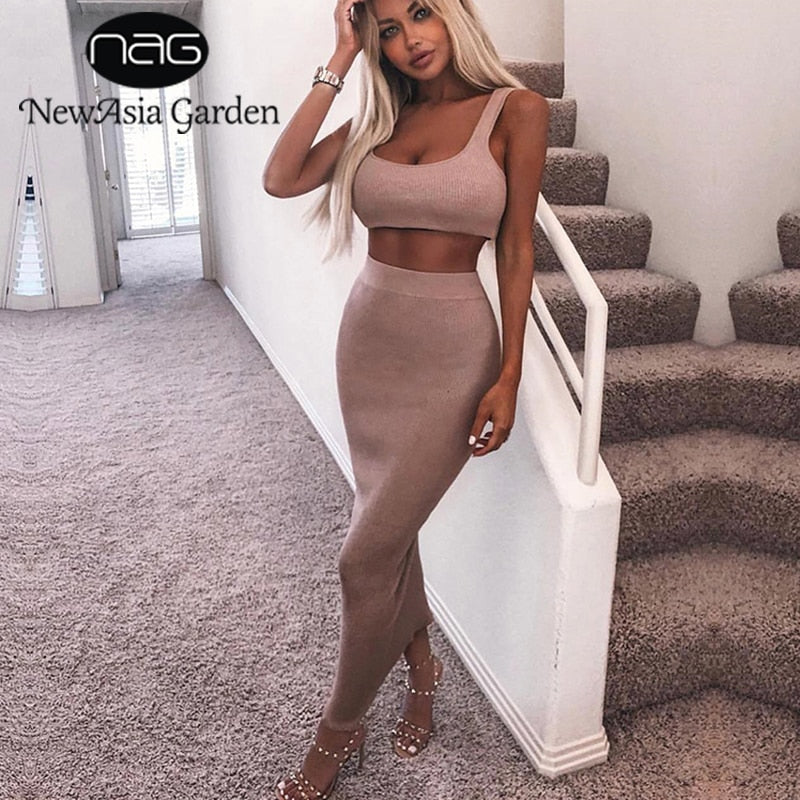 NewAsia Garden Two Piece Set 2 Piece Set Women Winter Ribbed Crop Top And Skirt Set Matching Sets Woman Two Pieces Outfits White
